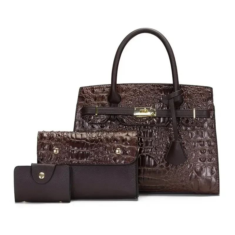 Three-piece mother and child bag, fashionable crocodile pattern shoulder portable messenger bag.