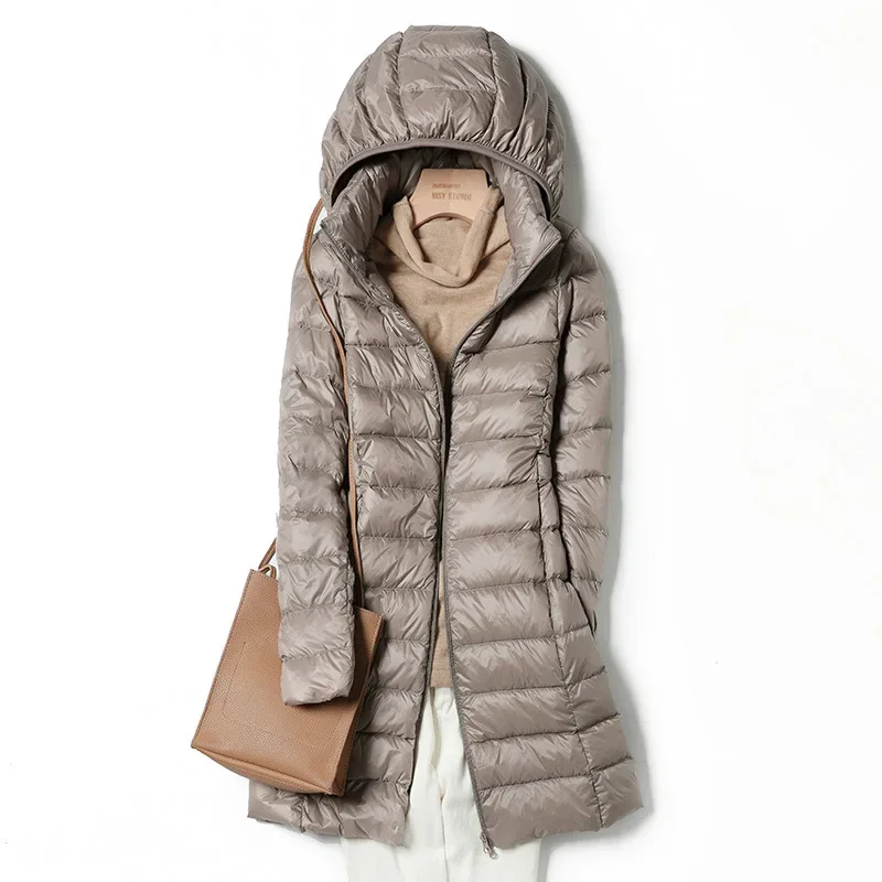 Parka justa com capuz para mulheres, casacos na moda, jaquetas longas, casaco fino claro, jaqueta puffer coreana, inverno 2021