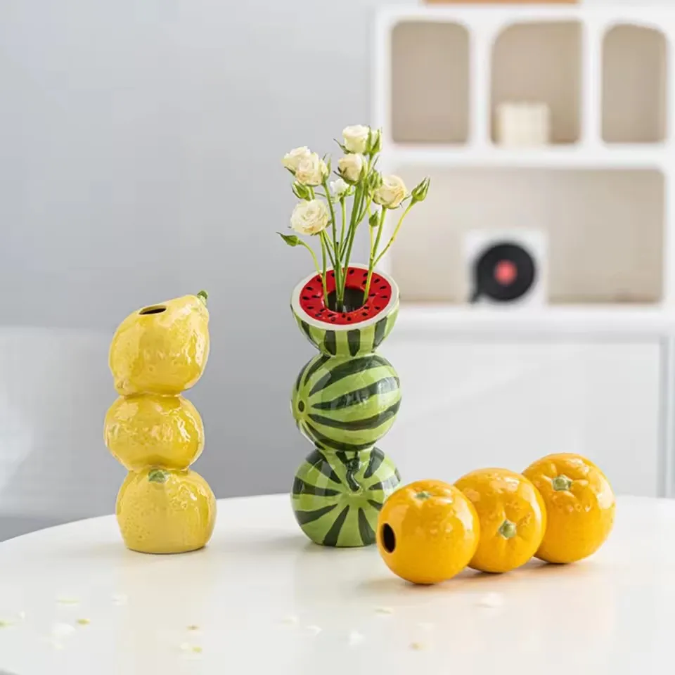 Ceramic Vase Orange Lemon Watermelon Fruit Fresh Flower Tabletop Centerpiece Home Living Room Office Decoration Desktop