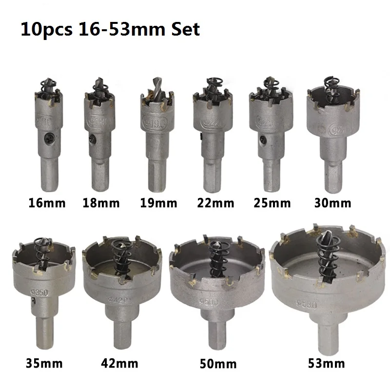 XCAN 10pcs 16-53mm TCT Hole Saw Set Carbide Tip Core Drill Bit With Pilot Drill For Stainless Steel Metal Sheet Drilling Hole