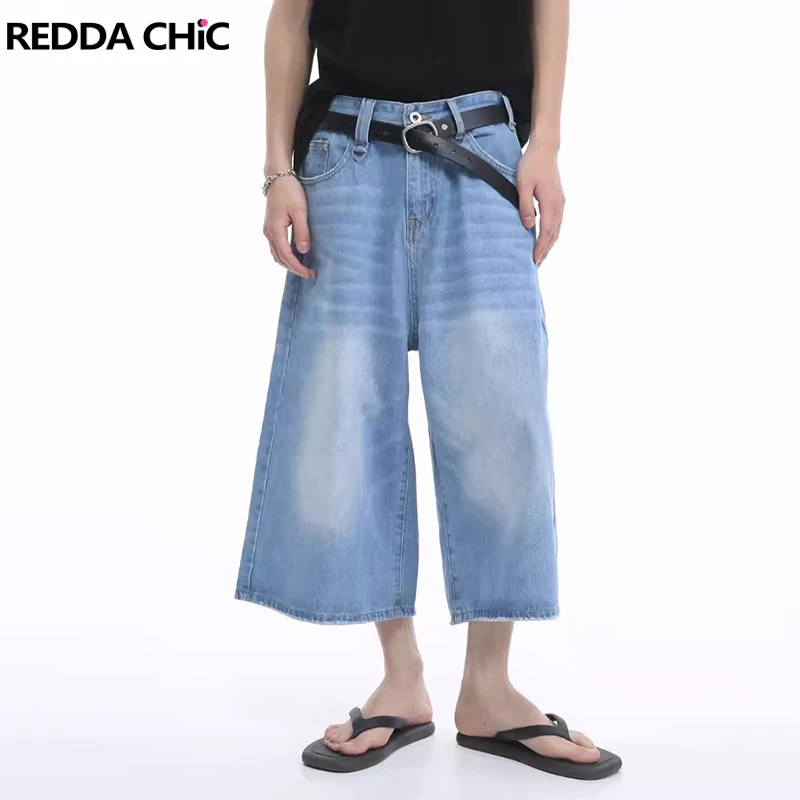 

REDDACHIC Retro Blue Whiskers Baggy Jeans Jorts Men Whiskers Wide Leg Pants Casual Oversize Denim Shorts Korean Y2k Streetwear