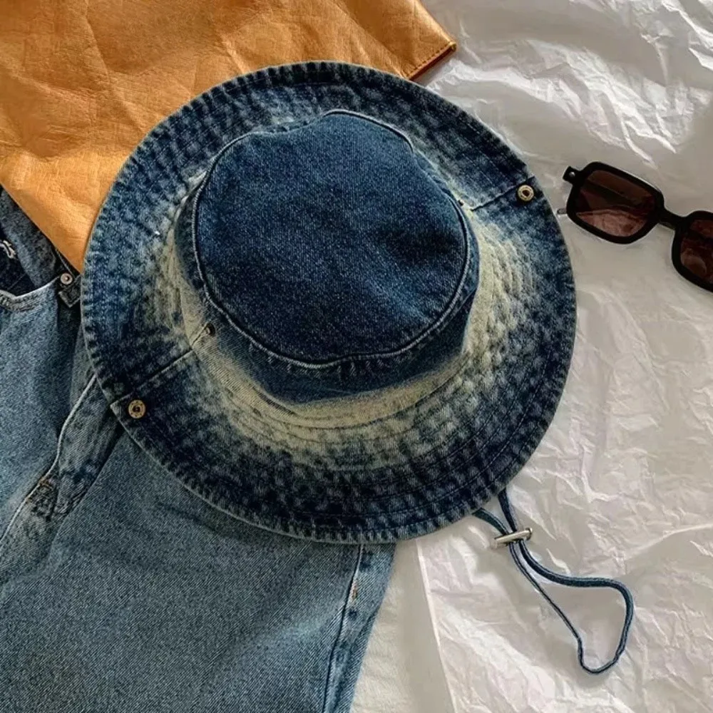 

Water-washed tie-dye Vintage Washed Denim Hat Drawstring Adjustable Wide Brim Western Cowboy Hats Windproof Sunscreen Sun Hats