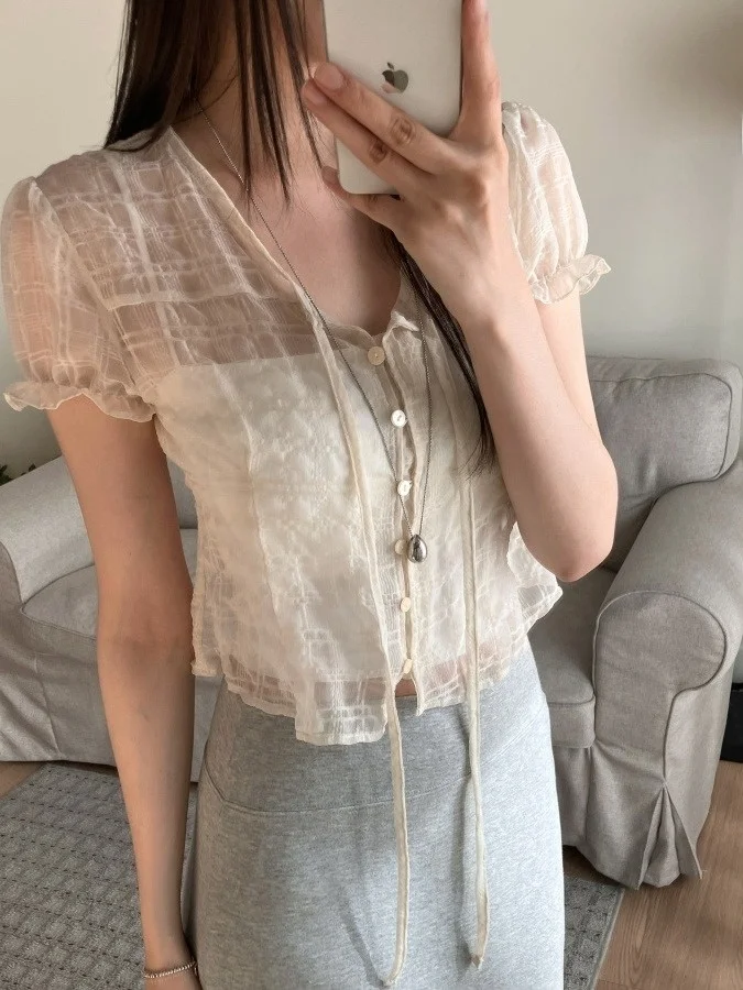 Unique Beautiful Women's Shirt Summer INS Floating Ribbon Silk Plaid Single Button Short Micro Transparent Korean Style V-neck
