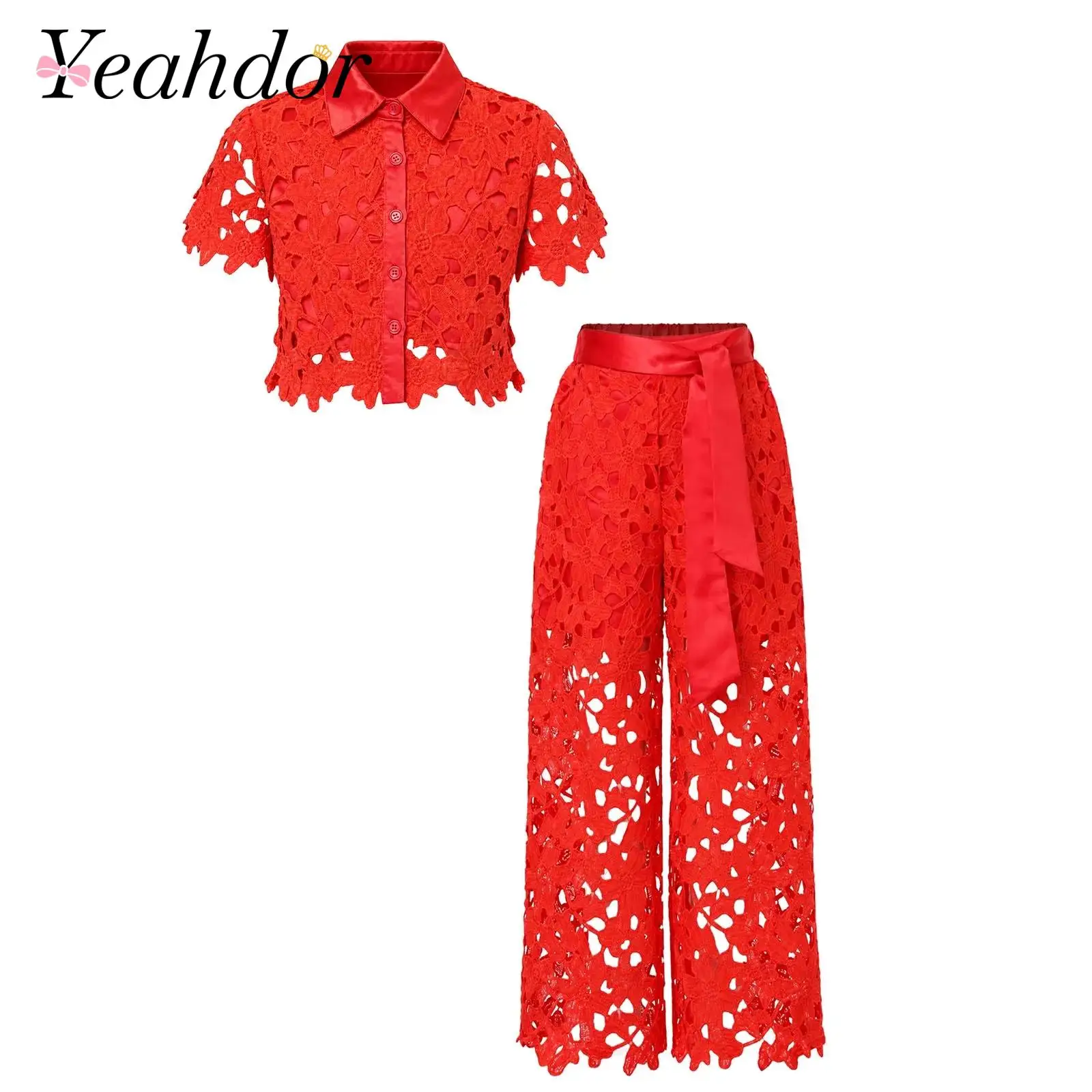 Kids Girls Hollow Out Floral Lace Outfit Turn-down Collar Short Sleeve Cropped Shirt with Pants for Birthday Party Wedding Sets