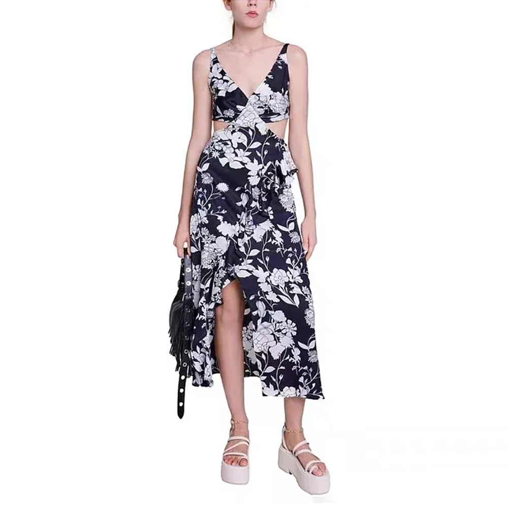 

Women's Floral Printed Long Dress Waistless V Neck Sleeveless Y2K Hem Slit Temperament Commuter Summer Fashion Trendy 2024