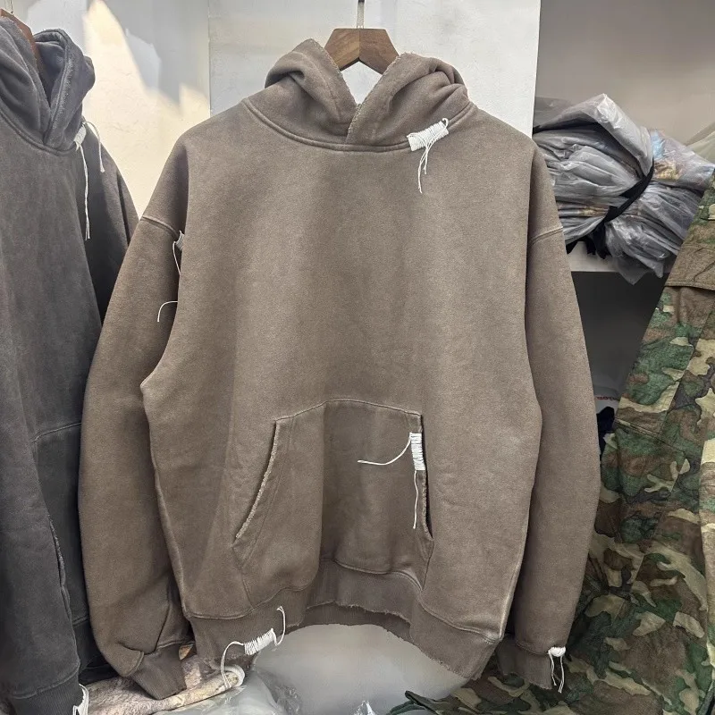 Y2k Streetwear Hip Hop Outside Stitch Tassel Hoodie Washed Vintage Gray Brown Sweatshirts Casual Loose Winter Autumn Pullovers