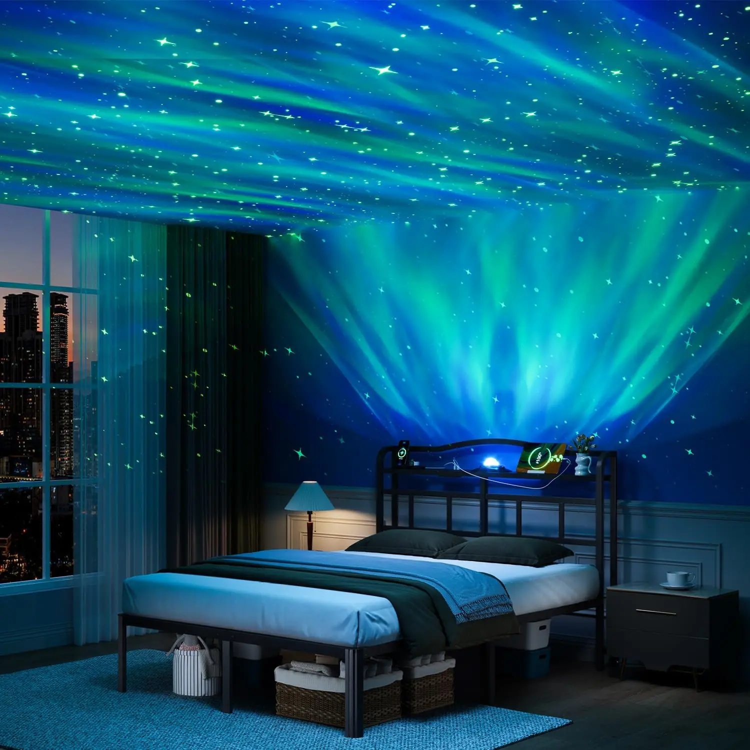 

Кровать-платформа с изголовьем для хранения, зарядной станцией и проектором Galaxy, прочная металлическая платформа, простая сборка, черная