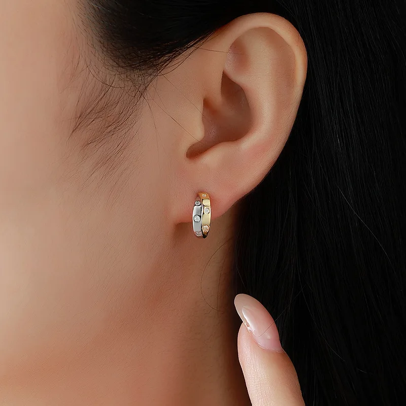 EWYA Two Tone Moissanite Huggie Hoop Earrings Women 925 Silver Wide C Shape Half Circle Piercing Stud Earring Minimalist Jewelry