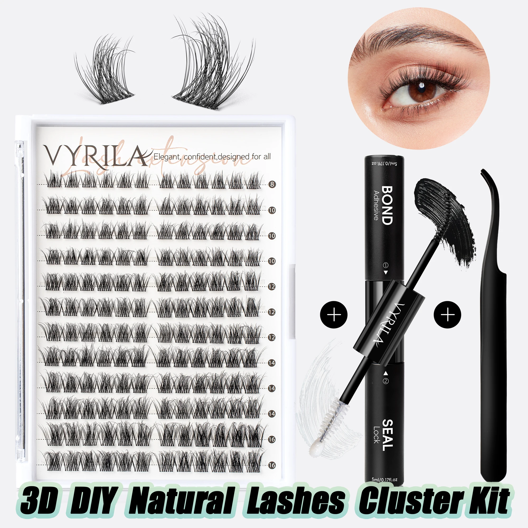 VYRILA Lash Extension Kit Wispy C Curl Lash Clusters Kit Hush 8-16mix Individual Lashes with Lash Bond and Seal Lash Tweezers