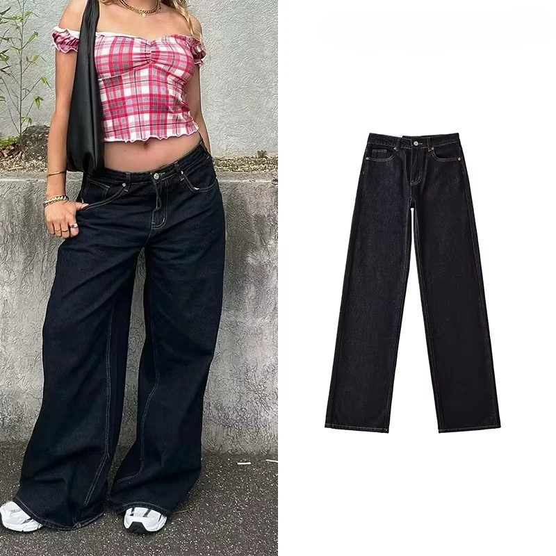 Sivatu Baggy Pants for Women Black Jeans Ladies Fashion Newjeans Mid Waisted Denim Pants Basics Vintage Autumn Street Jean