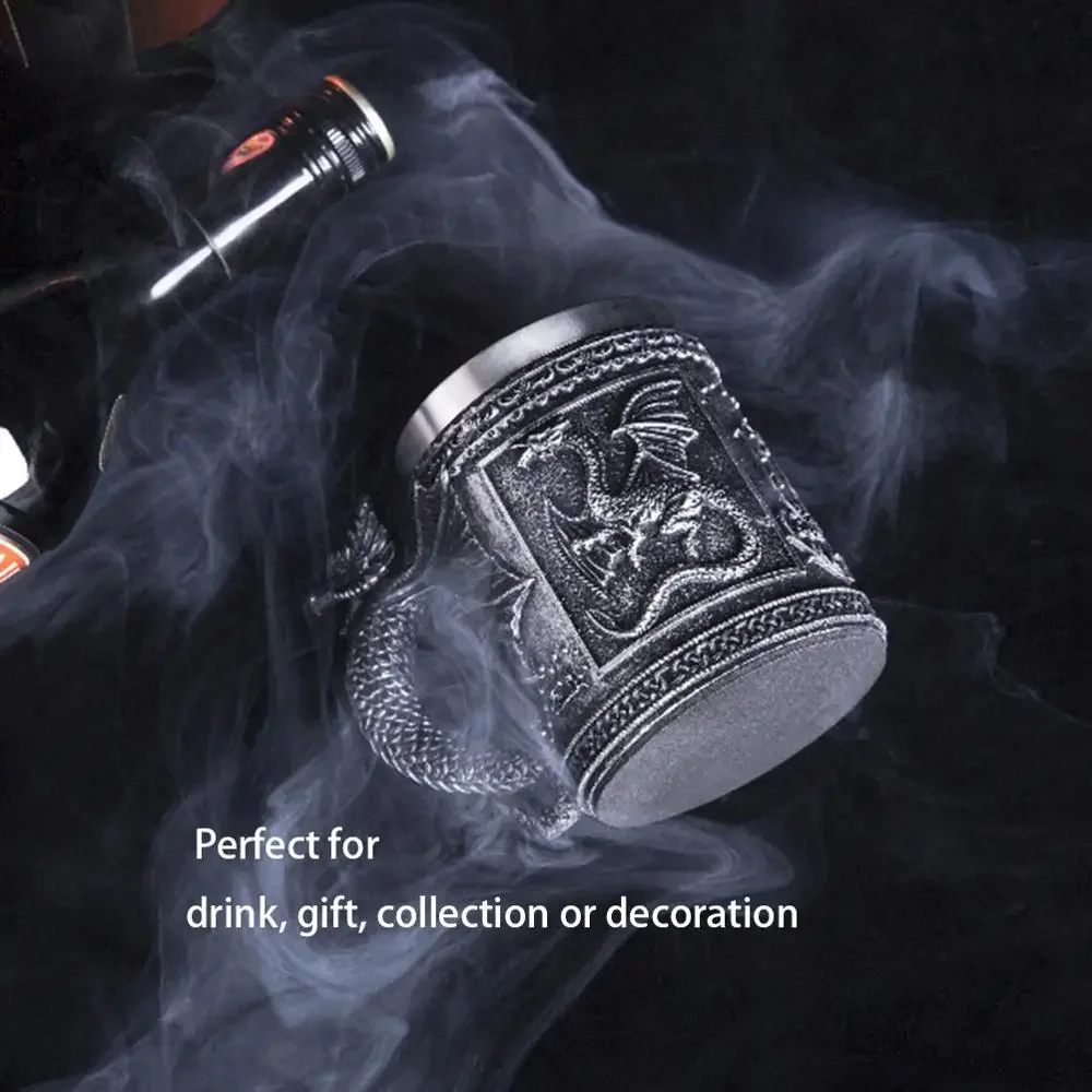 Retro Dragon Resin Stainless Steel Beer Mug Skull Knight Tankard Halloween Coffee Cup Creative Viking Tea Mug Pub Bar Decoration