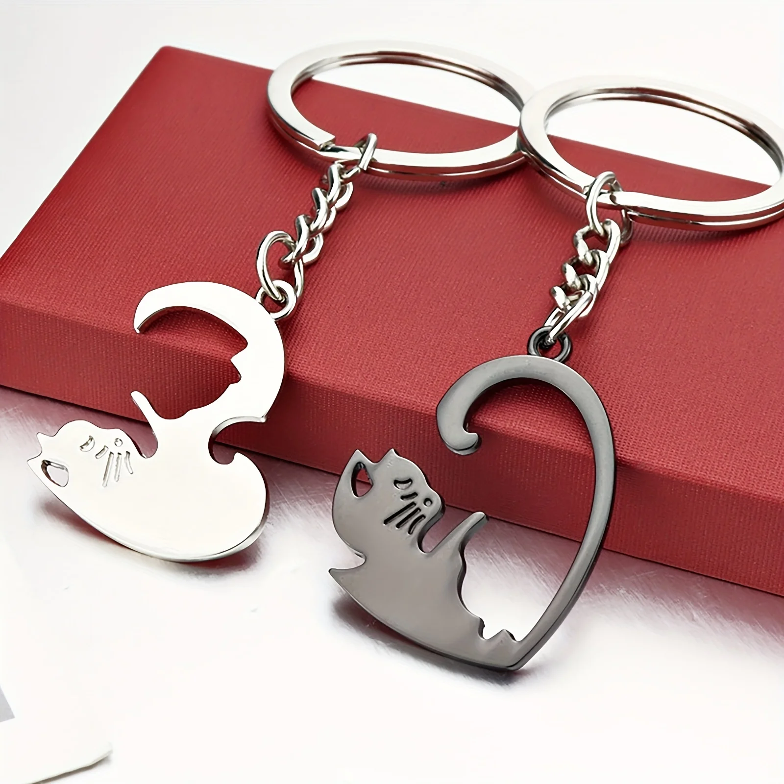 Interlocking Cat Heart Matching Couple Keychains Black Silver Split Puzzle Key Ring Romantic Distance Lover Gift Cute Animal Bag Key Pendant For Women Men image 5