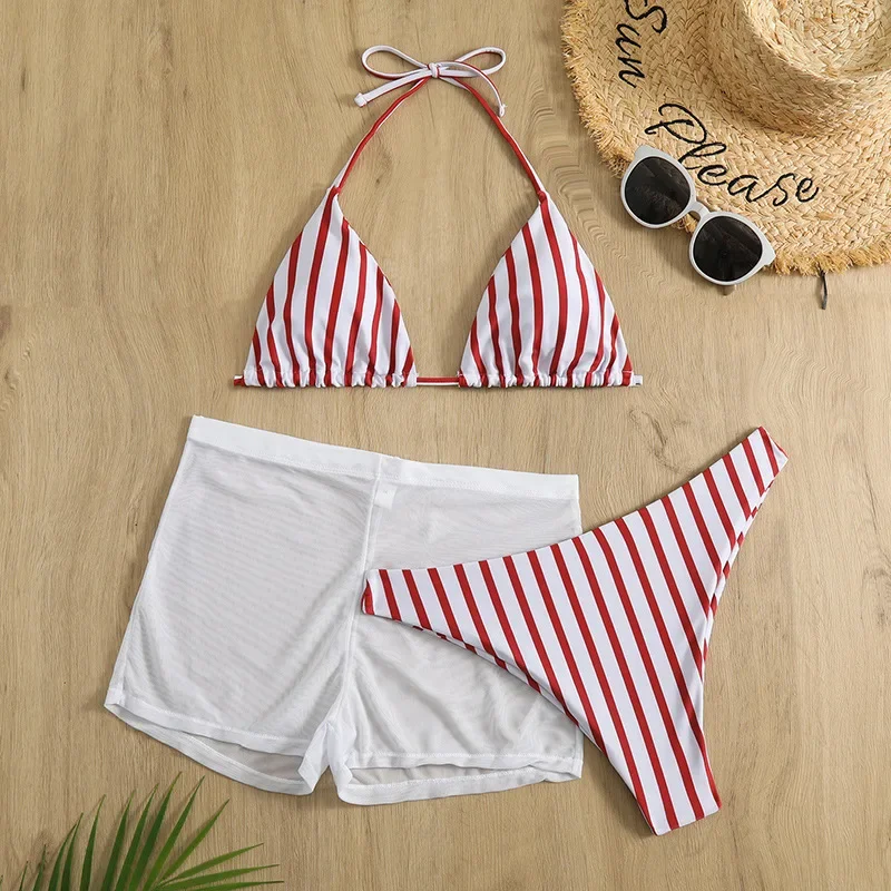 Costume da bagno bikini perizoma a righe da donna con pantaloncini in rete Costumi da bagno da donna Copricostume da spiaggia Costumi da bagno Biquini brasiliano