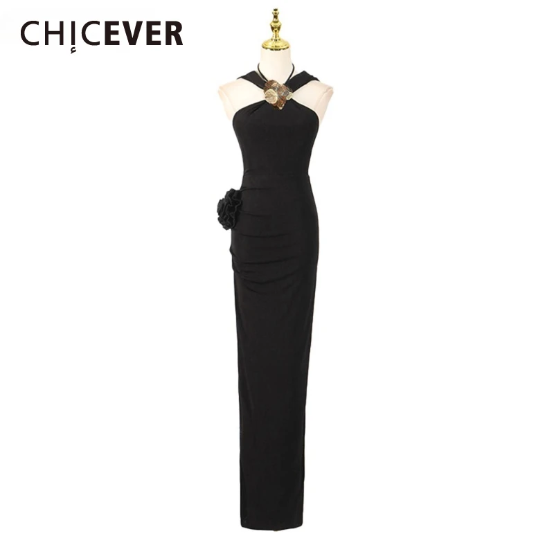 

CHICEVER Solid Slim Long Dresses for Women Halter Neck Sleeveless Spliced Appliques High Waist Temperament Dress Female Clothes