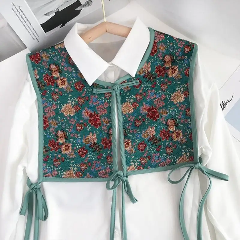 39BD Women Chinese Embroidery Half Top Shawl Vintage Flroal Cheongsam Fake Collar Lace-Up Decorative Neck Cover Dickey