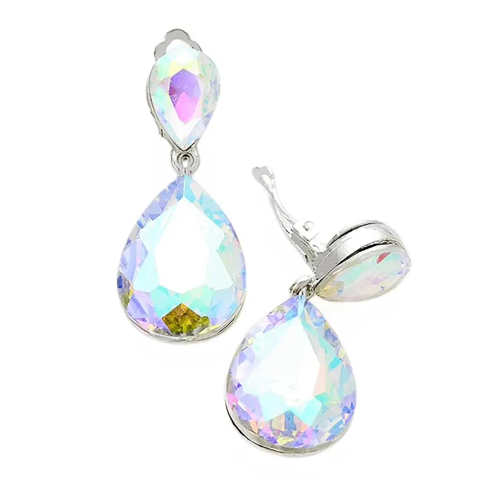 

Women's Stunning Double Teardrop Crystal Statement Clip On Earrings, 1.75\