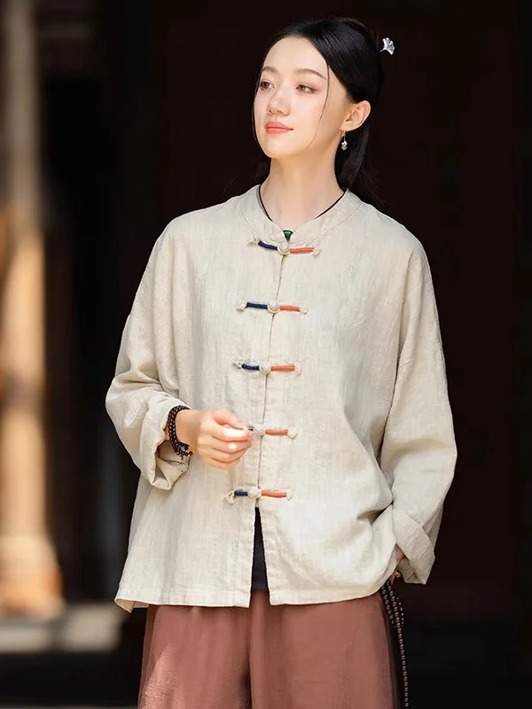 신상 중국 스타일 여성 봄 가을 면 린넨 태극복 버튼 카디건 세트 루즈핏 롱 슬리브 캐주얼웨어