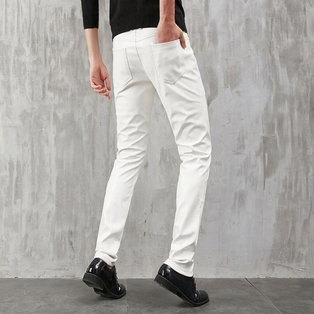 Herren-Lederhose, schmale Passform, Stretch, modische PU-Lederhose, Nachtclub, Party- und Tanzhose, dünn – Detail 2