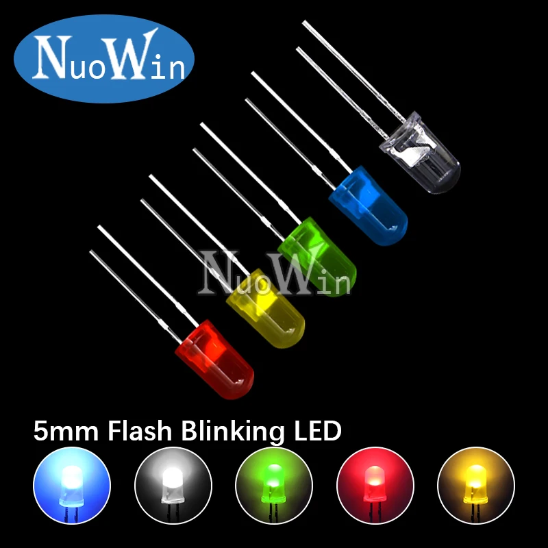 Diodo emissor de luz conduzido, 5mm, branco, verde, vermelho, azul, amarelo, piscamento automático, f5, controle instantâneo, 1.5hz, 50pcs