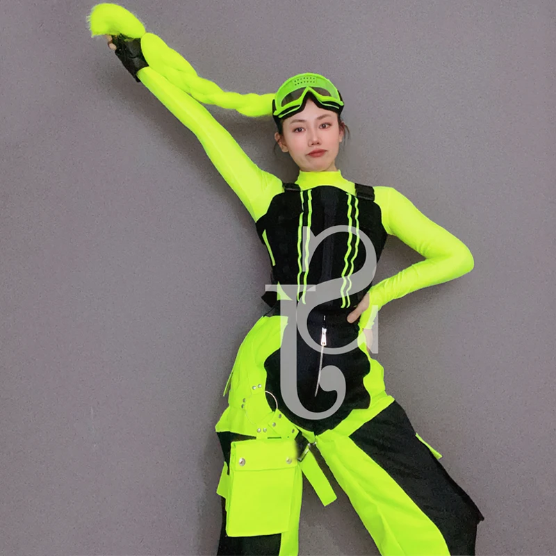 Fluorescent Yellow Top Pants Jazz Dance Overalls Women Gogo Dance Costume Hip Hop Clothing Stage Show Festival Outfit XS6425