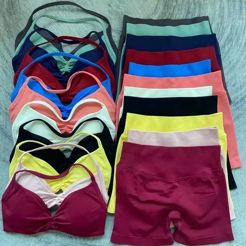 

Женский комплект для йоги, бесшовный ударопрочный длинный топ на бретельках, спортивные шорты, спортивная одежда, женская летняя одежда для тренировок