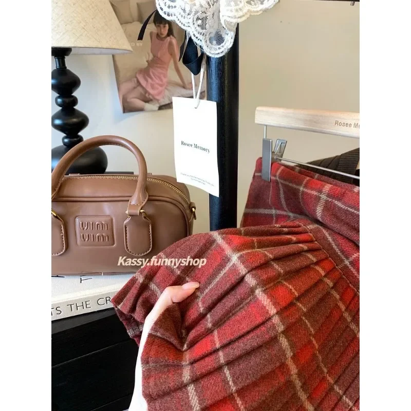 กระโปรงพลีททรงเอวสูง ผ้าวูลลายสก็อต สไตล์เรโทร สำหรับผู้หญิง ฤดูใบไม้ร่วงและฤดูหนาว