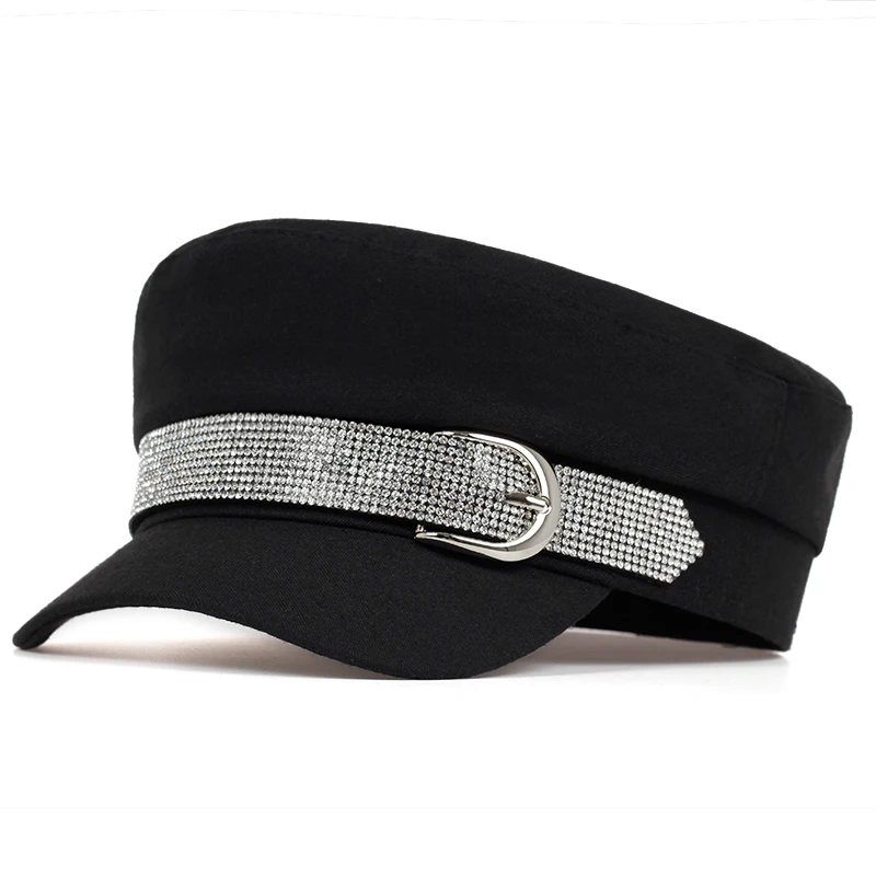 Unisex Big Buckle Style Beret Military Caps Spring Autumn Sailor Hats Women Large Black Beret Caps Men Flat Top Captain Navy Hat