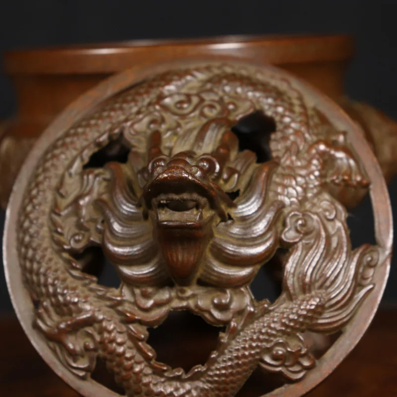 Lion Ear Three-Legged Incense Burner Dragon Lid Beast Foot Antique Caliber11.7Centimeter Ear Distance15cm High15cm