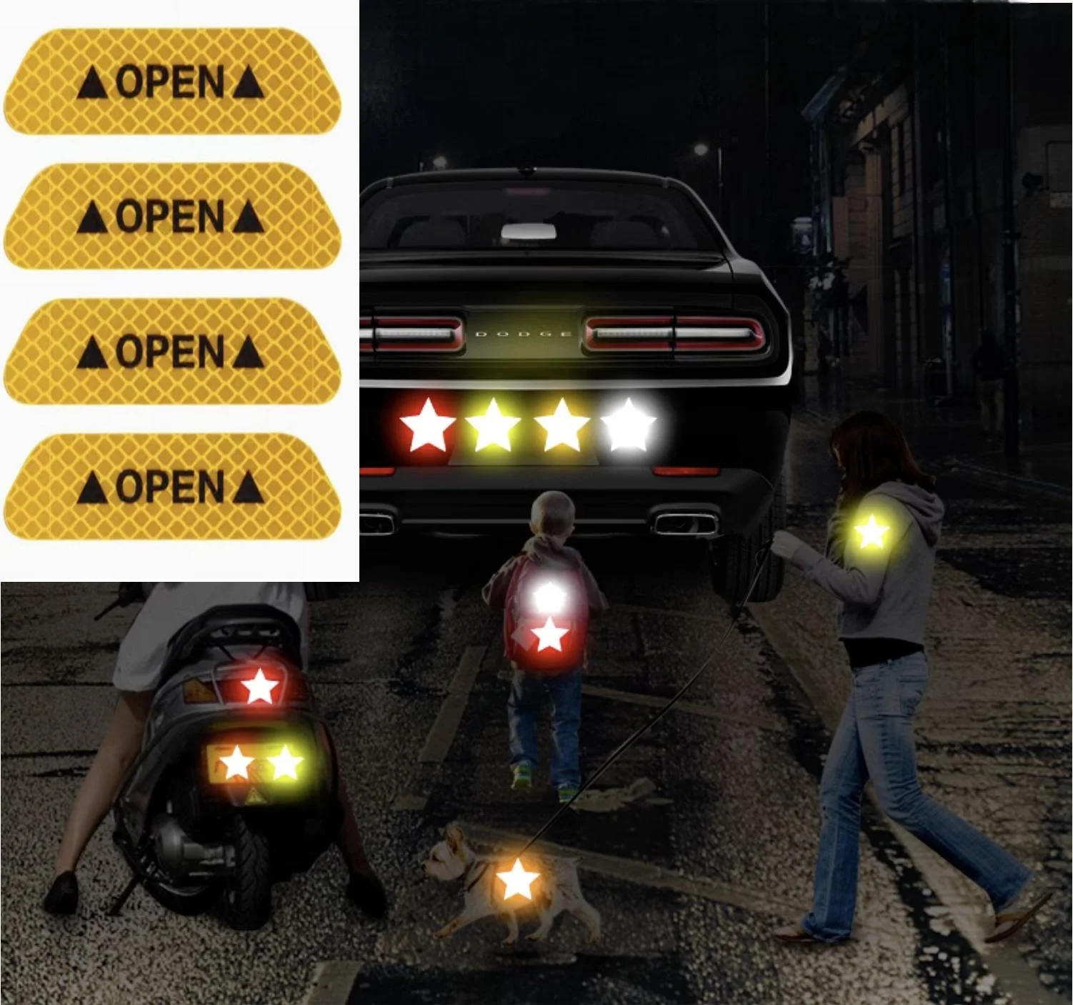 Carro ABERTO Fitas Refletivas Adesivo, Auto Porta Aviso Mark, Aviso CRV Refletor Strip, Segurança Luminosa Reflexiva, 4Pcs