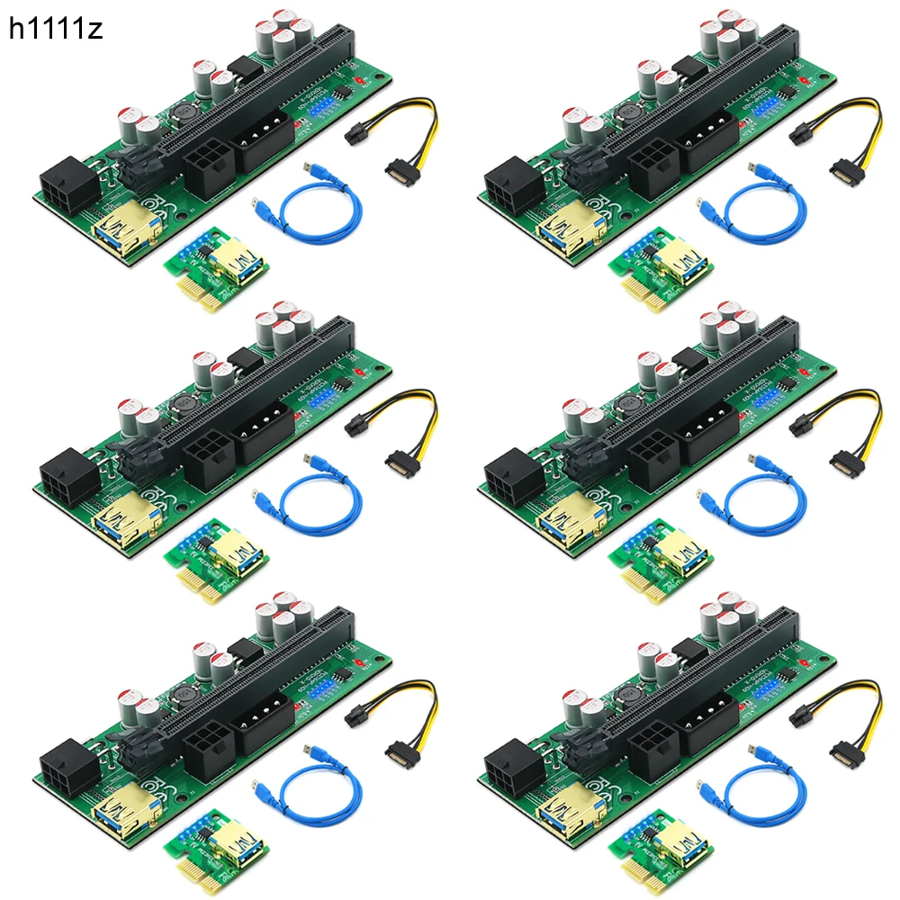 6PCS PCIE Riser for Video Card VER 010X Green PCI Express 1X to 16X Extender USB3.0 Cable 4Pin 6Pin Power LED for Bitcoin Mining