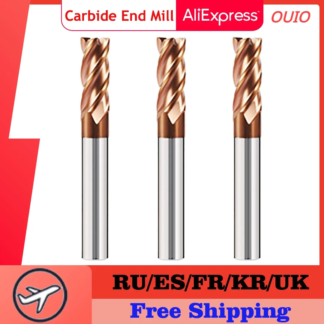 

OUIO HRC55 CNC Carbide Flat End Mill Tungsten Cutter 2 4 Flute Metal Steel Machining Tool Key Face Square Bit 3 4 6 8 12 Shank