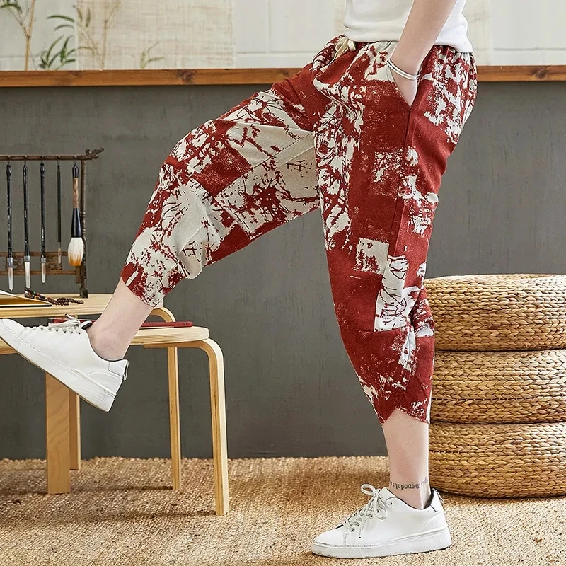 

Men Clothing Vintage Printing Mens Cropped Pants Summer New Korean Baggy Trend Haren Pants All-match Wide Leg Casual Pants Homme