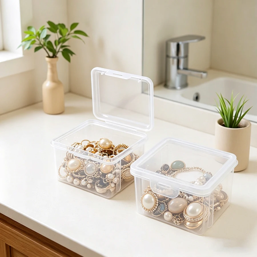Transparent square jewelry storage box with lid, separate compartment box, necklace and stud earrings plastic box, hardware stor