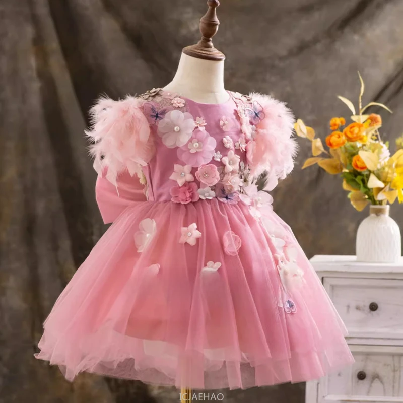 Girls Floral Flower Formal Wedding Dress Feather Lolita Puffy Tulle Princess Gown Party Outfits Matching Birthday Performance