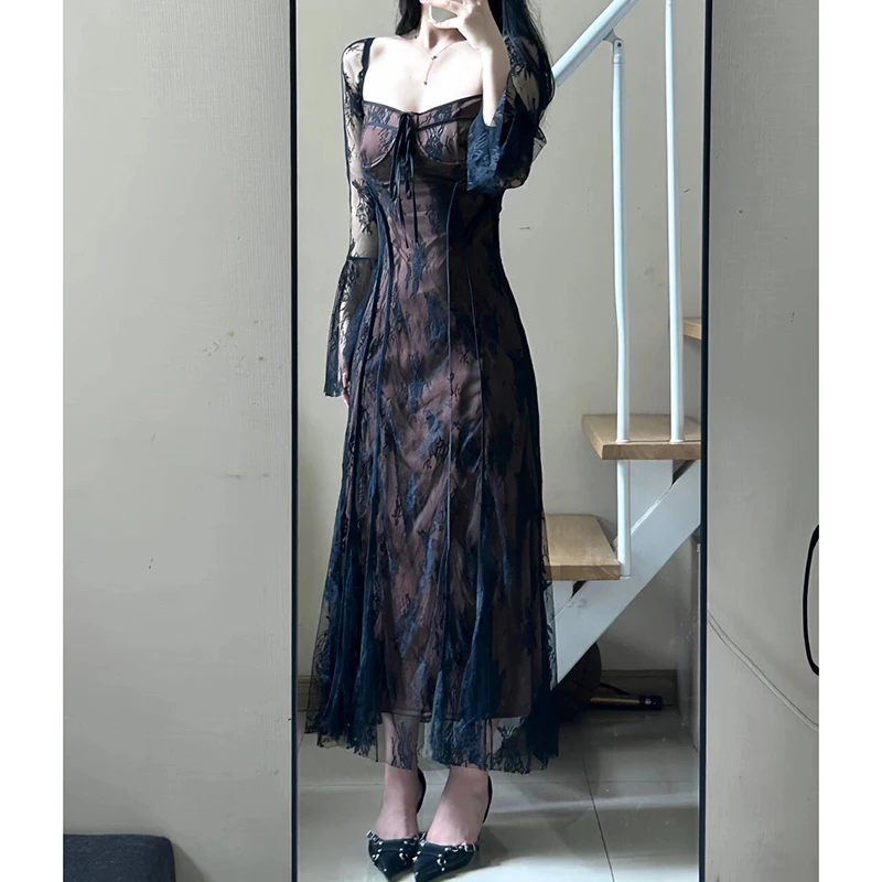 Robe française Vintage à manches évasées pour femmes, col carré, maille, Sexy, transparente, Slim, dentelle, Jacquard, robes de soirée