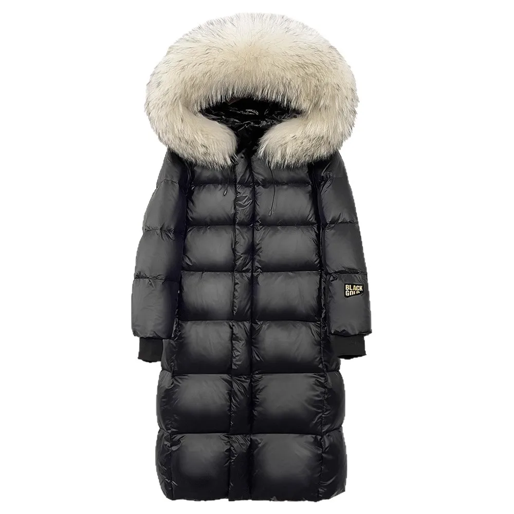 2025 الشتاء موضة أوزة طويلة أسفل سترة فو الفراء طوق مقنعين فضفاضة عادية سميكة الدافئة أسفل معاطف للنساء سترة منفوخة