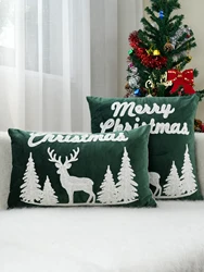 1pc Green Dutch Velvet Christmas Elk Exquisite Embroidery Cushion Pillow Case, Multi-Size Multi-Room Universal