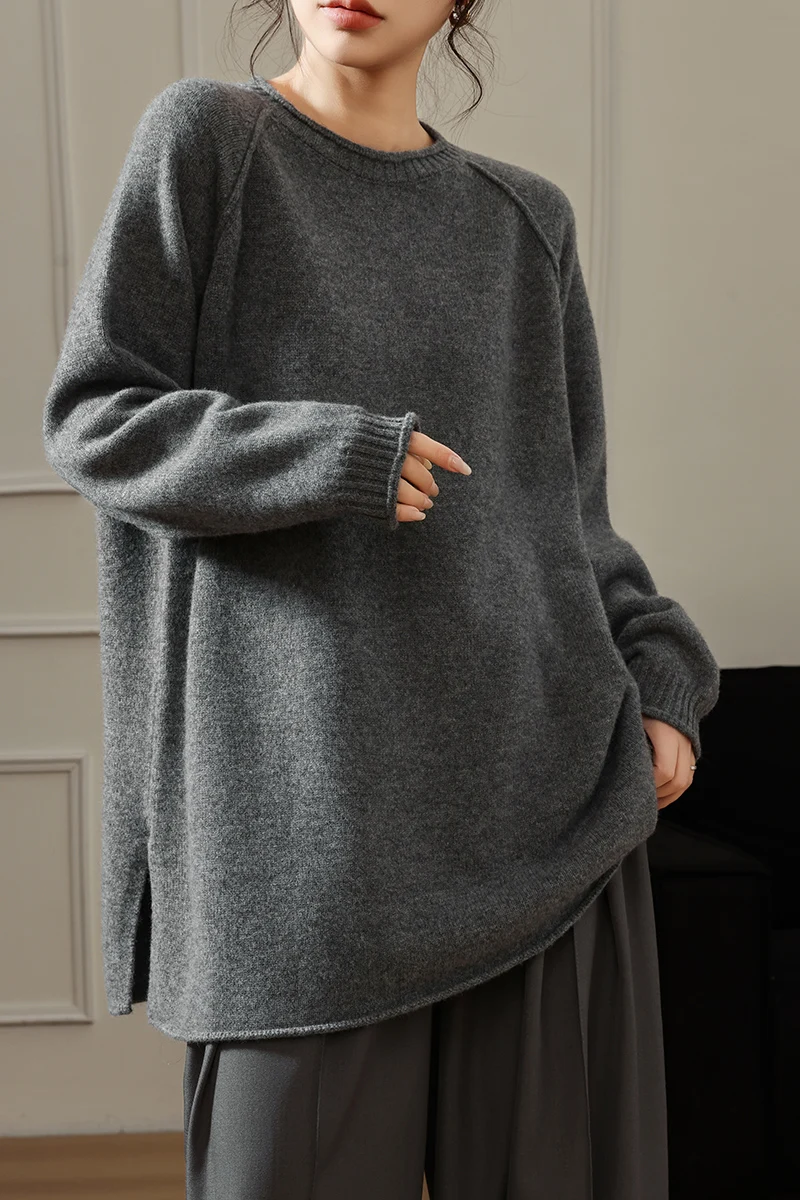 

Женский свитер из 100% мериносовой шерсти, однотонный, с круглым вырезом, вязаный, толстый, теплый, для осени и зимы, повседневная одежда для отдыха