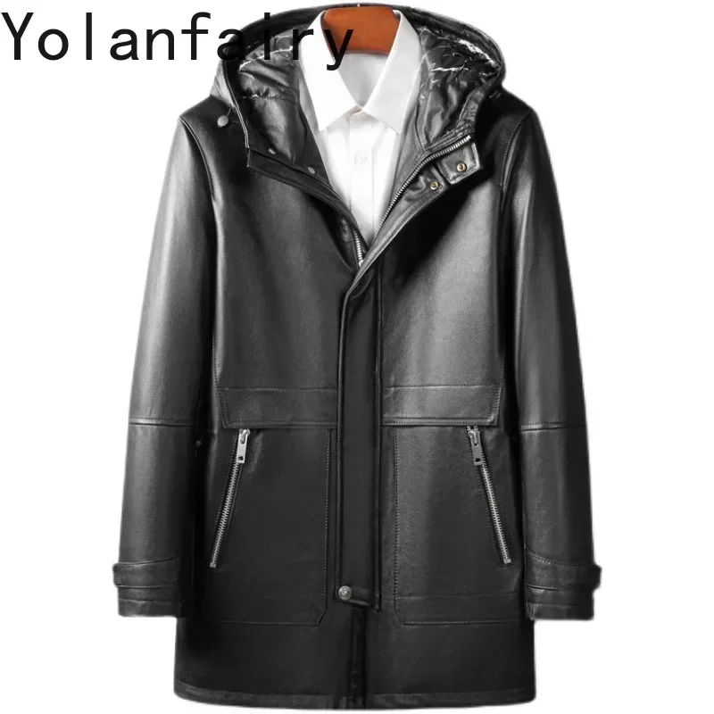 

YOLANFAIRY Pure Cowhide Genuine Leather Coat Men's Winter White Duck Down Coats Men Midi Long Hooded Warm Leather Puffer Jacket