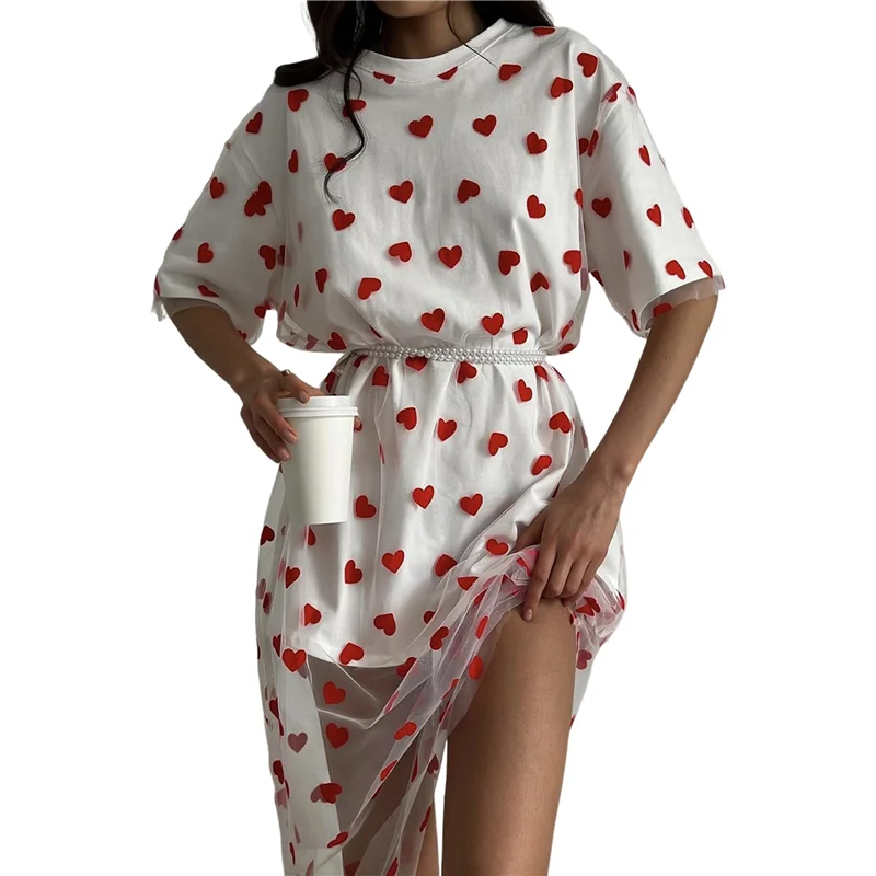 【D75C】Dames casual los T-shirt met ronde hals, gesplitst mesh, liefdesprint, lange maxi-vakantiejurk