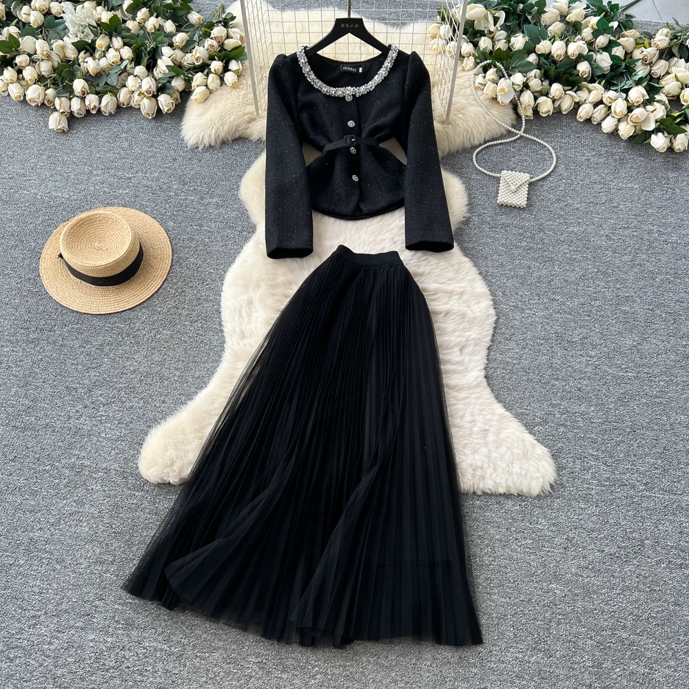 ชุดเดรสยาวแขนยาวผ้าตาข่ายสไตล์วินเทจสำหรับงานปาร์ตี้ แฟชั่นเกาหลี เสื้อผ้าผู้หญิง ชุดเซ็ตสองชิ้น