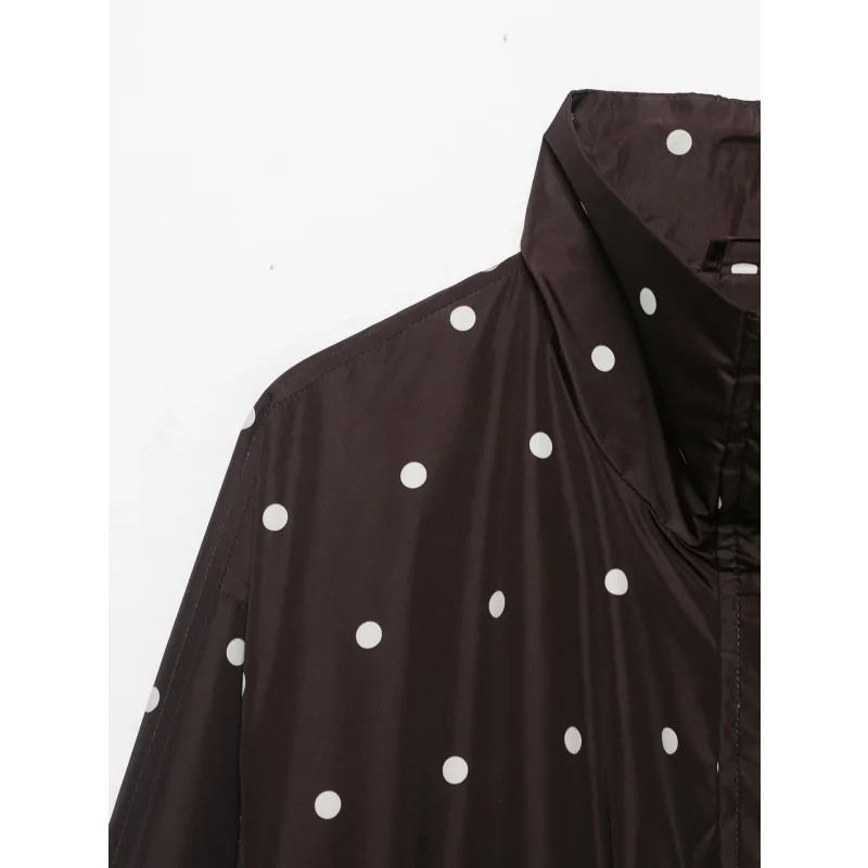 Herbst Damen Retro Polka Dot Jacke mit Stehkragen, Langen Ärmeln, Elastischem Saum, Leichter Windbreaker, Lockerer Passform, Brauner Reißverschluss, Lässiger Mantel – Detail 9