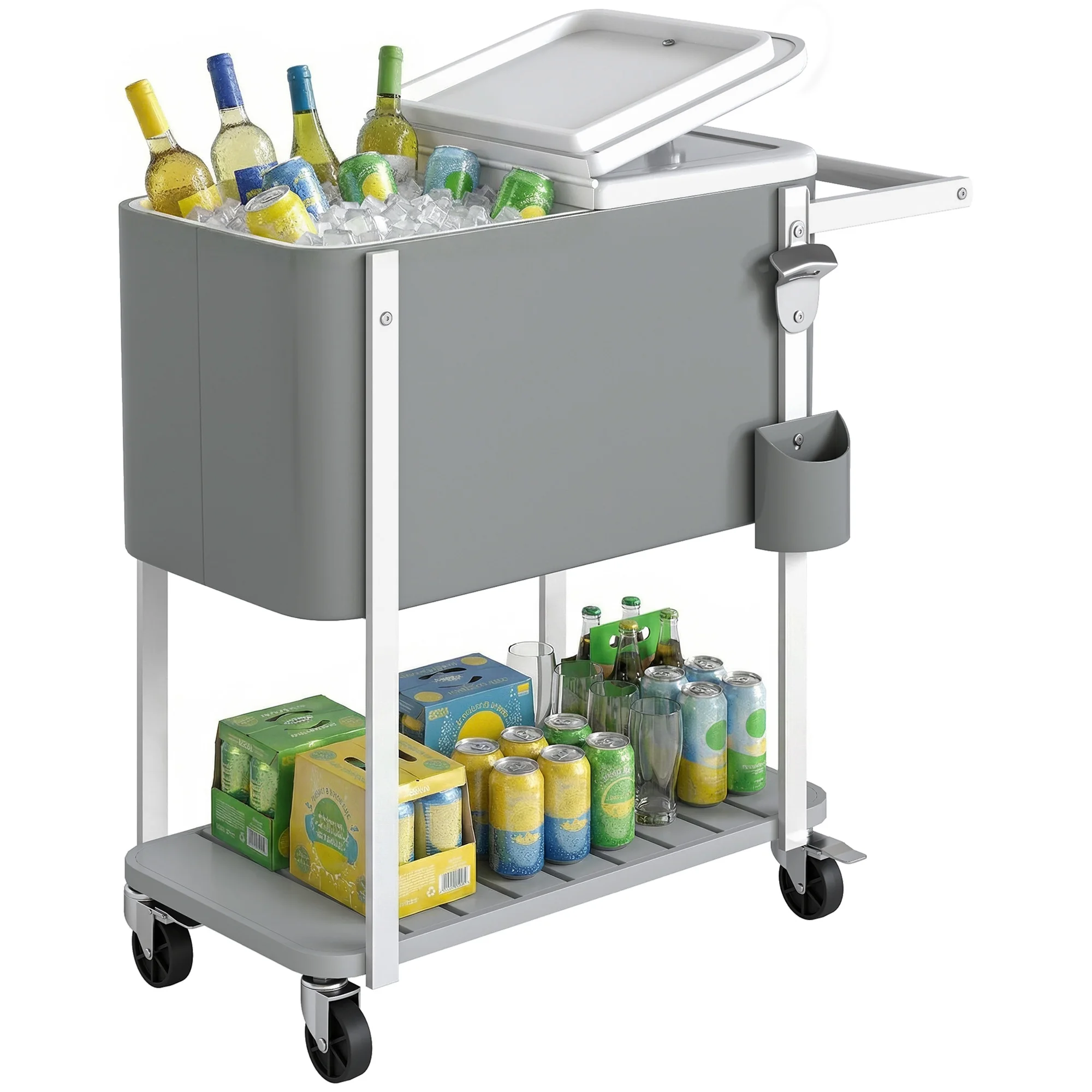 Carrito Nevera de 56L con Ruedas, Estante, Abrebotellas, Recolectacapsulas, Drenaje y Asa para Patio y Fiestas, 84x38x83 cm, Gris - Nev