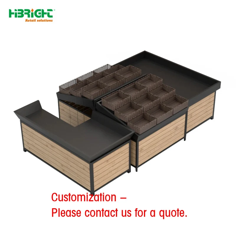 custom.Full Set Supermarket Produce Island, Fruit and Vegetable Display System with Wicker Baskets