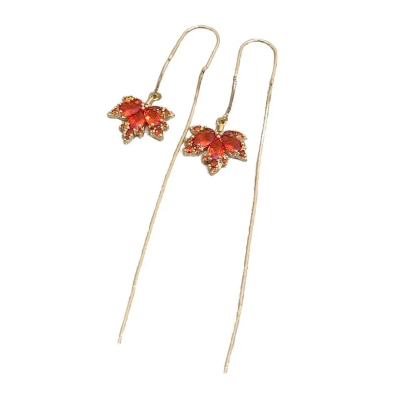 

652F 2023 Red Maple Leaf Earring for Women Girls Fashion Ear Jewelry Crystal Leaves Ear Pendant Tassels Ear Adorments