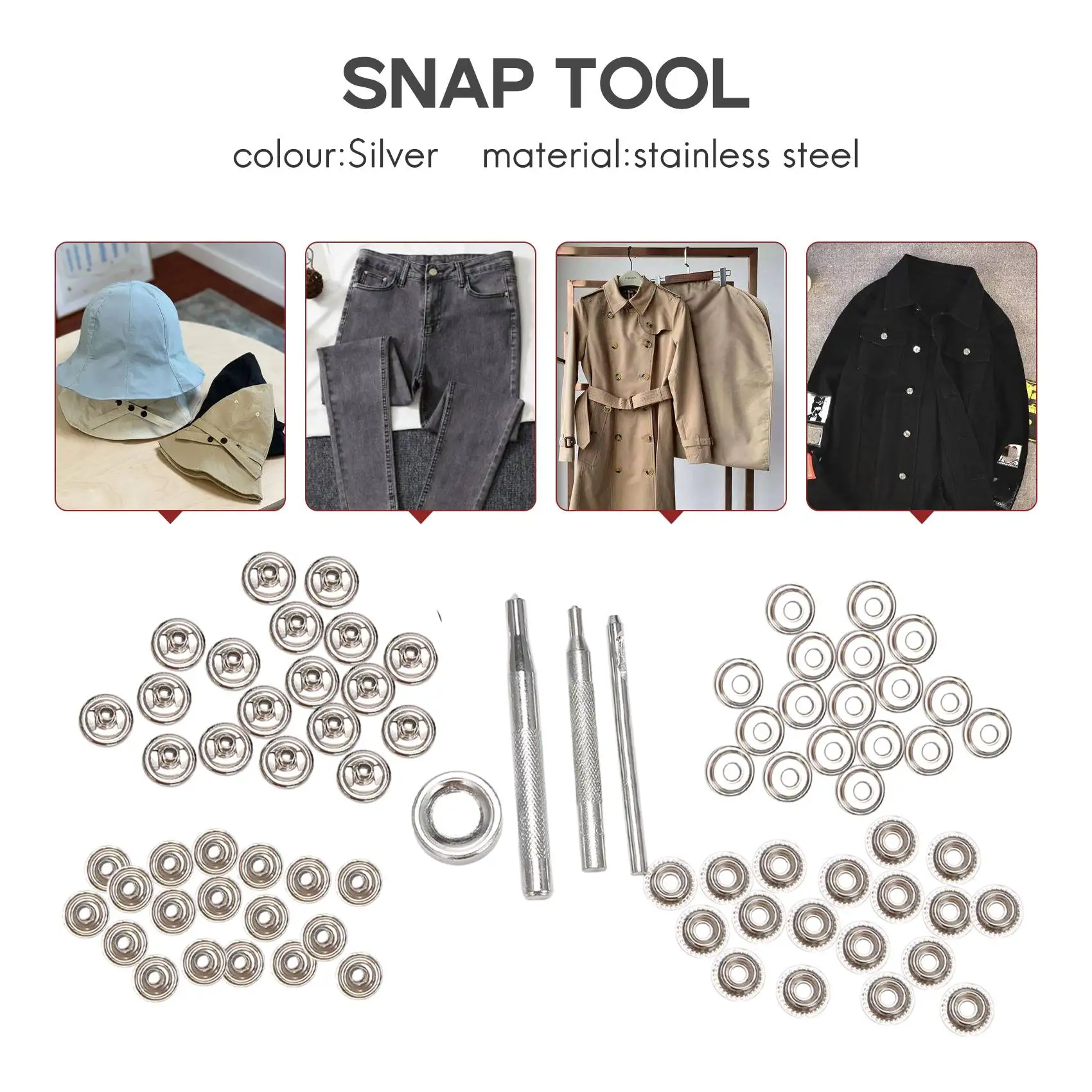 PORK-72Pcs Botón de presión de cierre de acero inoxidable de 15MM para lienzo de barco marino con juego de herramientas de perforación, color plateado