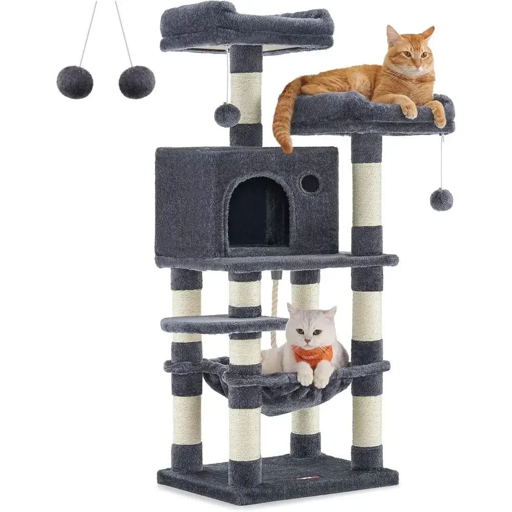 Cat Tree Tower with 11 Scratch Posts, 2 Platforms, 1 Cave, 1 Hammock, 2 Pompons, Multi-level, Smoked Gray
