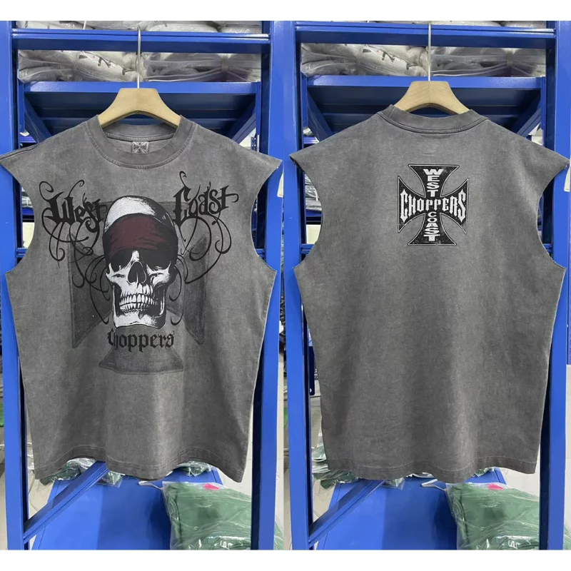 2026ss West Coast Skull Print Sleeveless T-shirt High Quality Men Women Washed Loose Cotton Vest