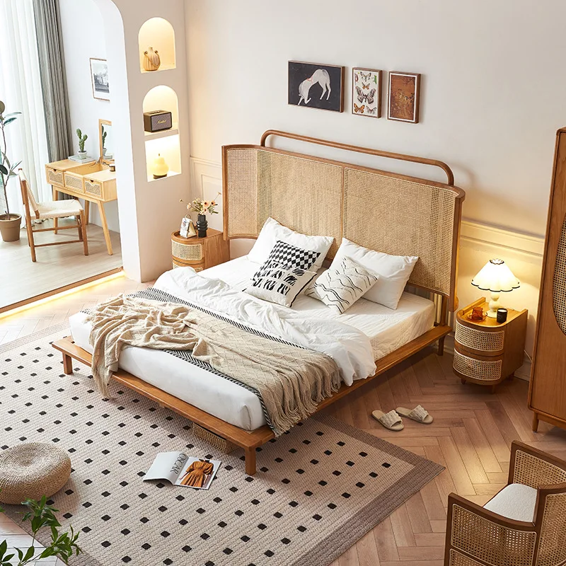Wide bedside characteristic rattan solid wood bed wabi wind bedroom simple double bed B & B hotel ash wood bed