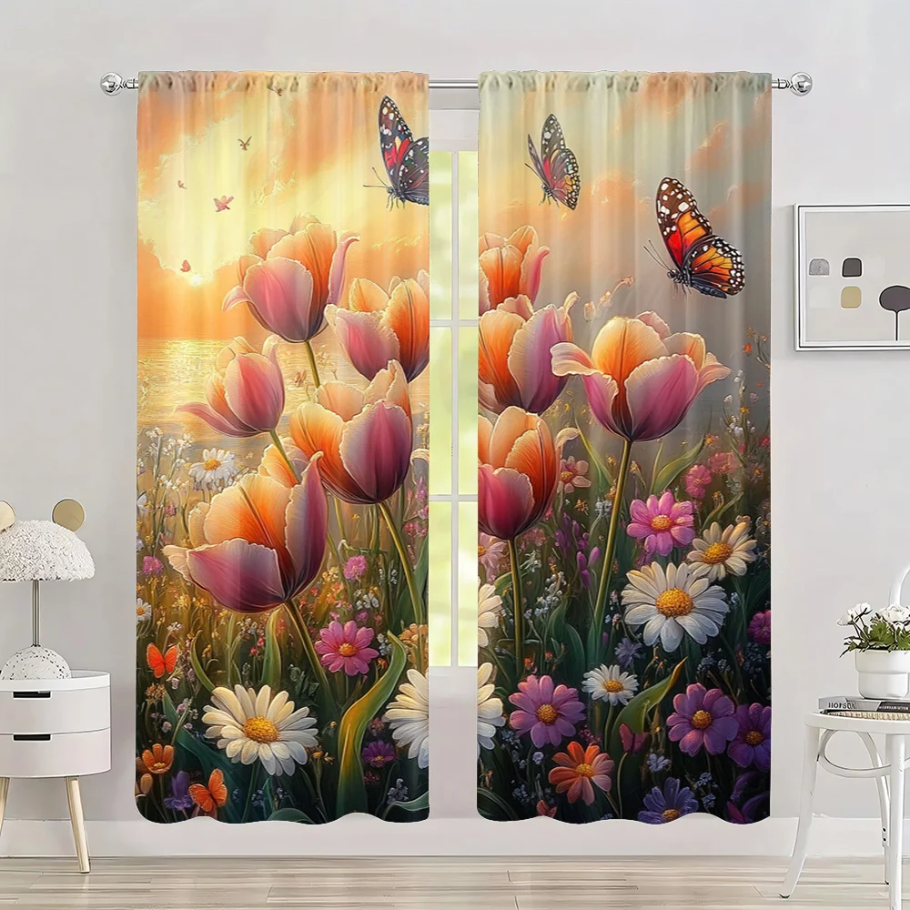 

2pc, Spring Curtain Beautiful flowers Versatile Polyester,Without Electricity Spring for Wall art/Party decoration